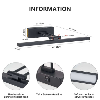 Black LED picture light diagram with 16 in long bar and wall base