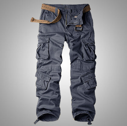 Men's cargo pants in slate gray with multiple flap cargo pockets and belt loops