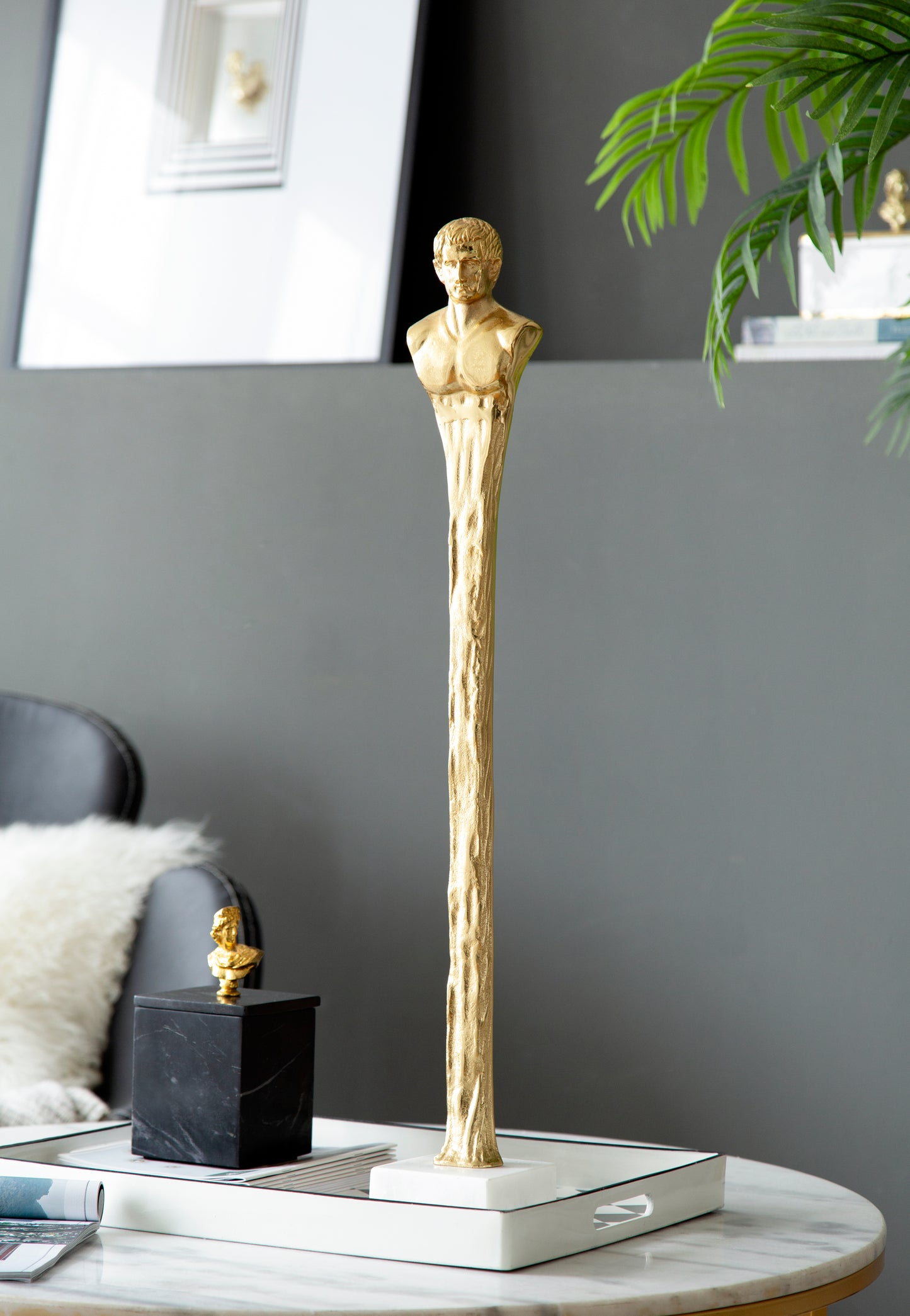 Elongated Gold Roman Statue - 32" Decor on White Marble Base