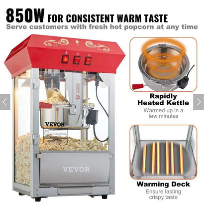 8 Oz Countertop Popcorn Popper Machine - 850W Professional Red Maker Popcorn Popper Machine 8 Oz Countertop P | Ectron Online
