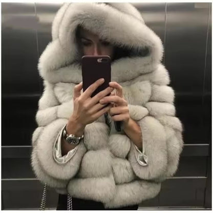 Women's Minimalist Patchwork Fur Jacket | Hooded Faux Fur Grass Coat Women's Minimalist Hooded Patchwork Fur | Ectron Online