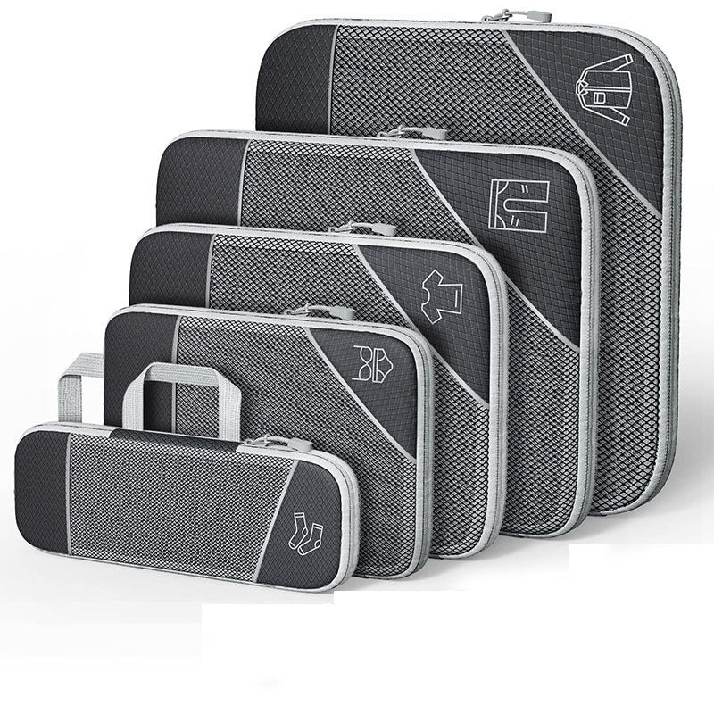 Luggage organizer set with compression bags and shoe bag, dark gray zipper pouches