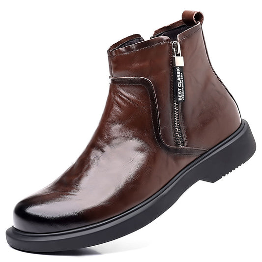 Brown leather ankle boot with a zipper on a white background