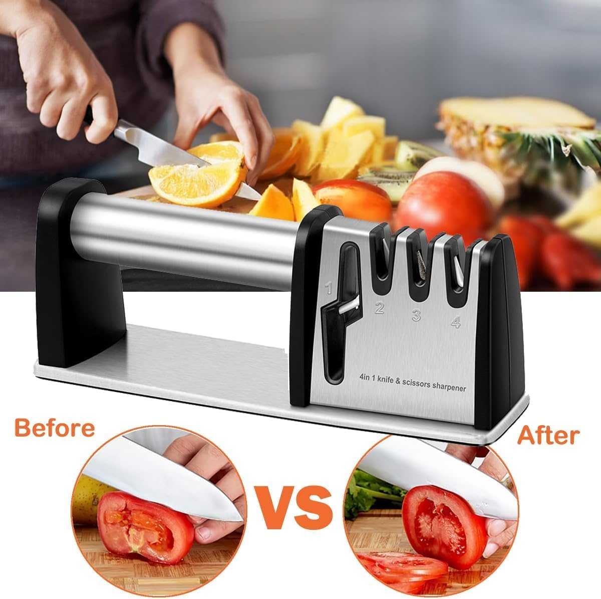 4-in-1 knife and scissor sharpening tool with silver rod and black slot head
