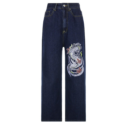 Loose Trousers Low-rise Pleated Heart-print Washed Jeans