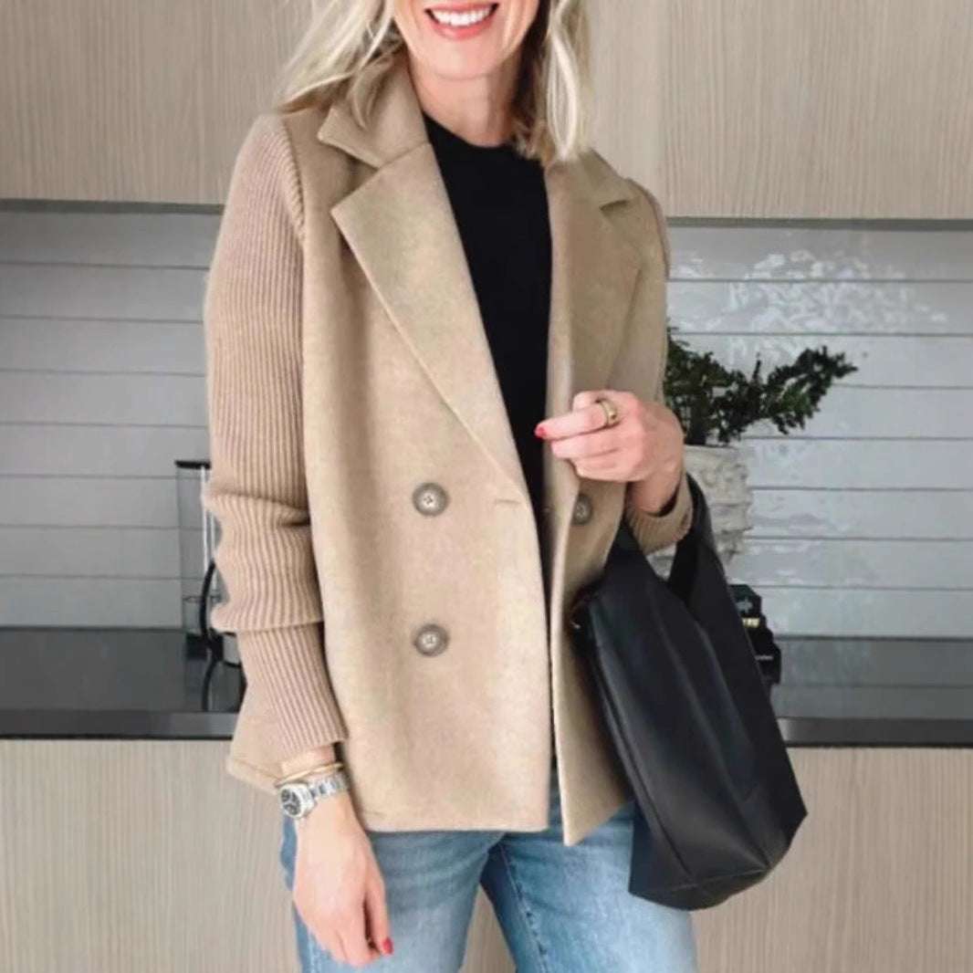 Women's Double Breasted Splicing Coat with Knitted Sleeves Double Breasted Lapel Jacket Fashion Kni | Ectron Online