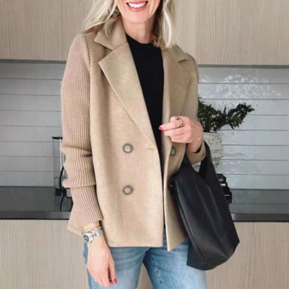 Women's Double Breasted Splicing Coat with Knitted Sleeves Double Breasted Lapel Jacket Fashion Kni | Ectron Online