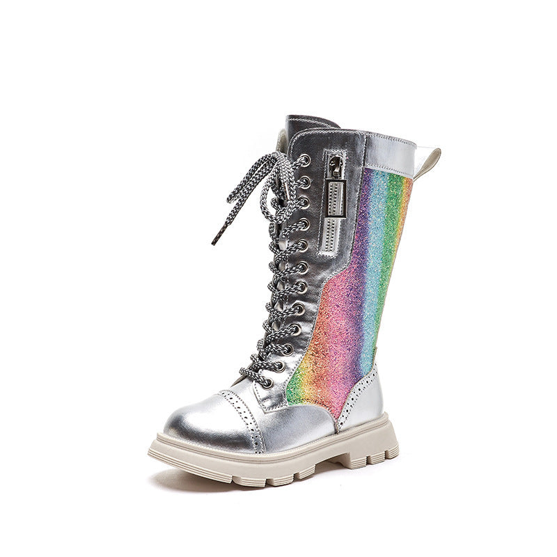 Children's mid-calf lace-up boots in silver with rainbow iridescent side stripe.
