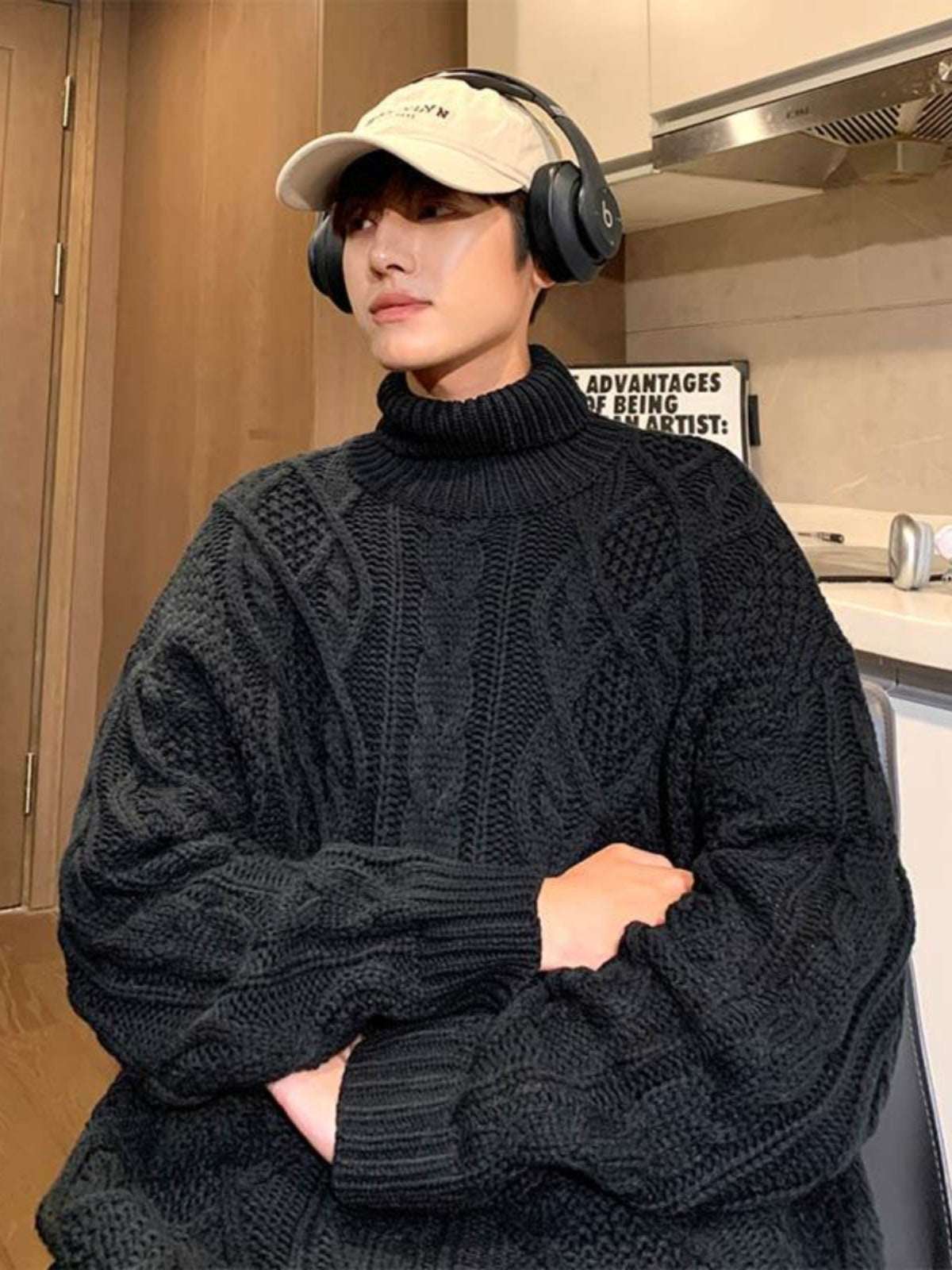 Japanese-style Retro Green Jacquard Turtleneck Sweater