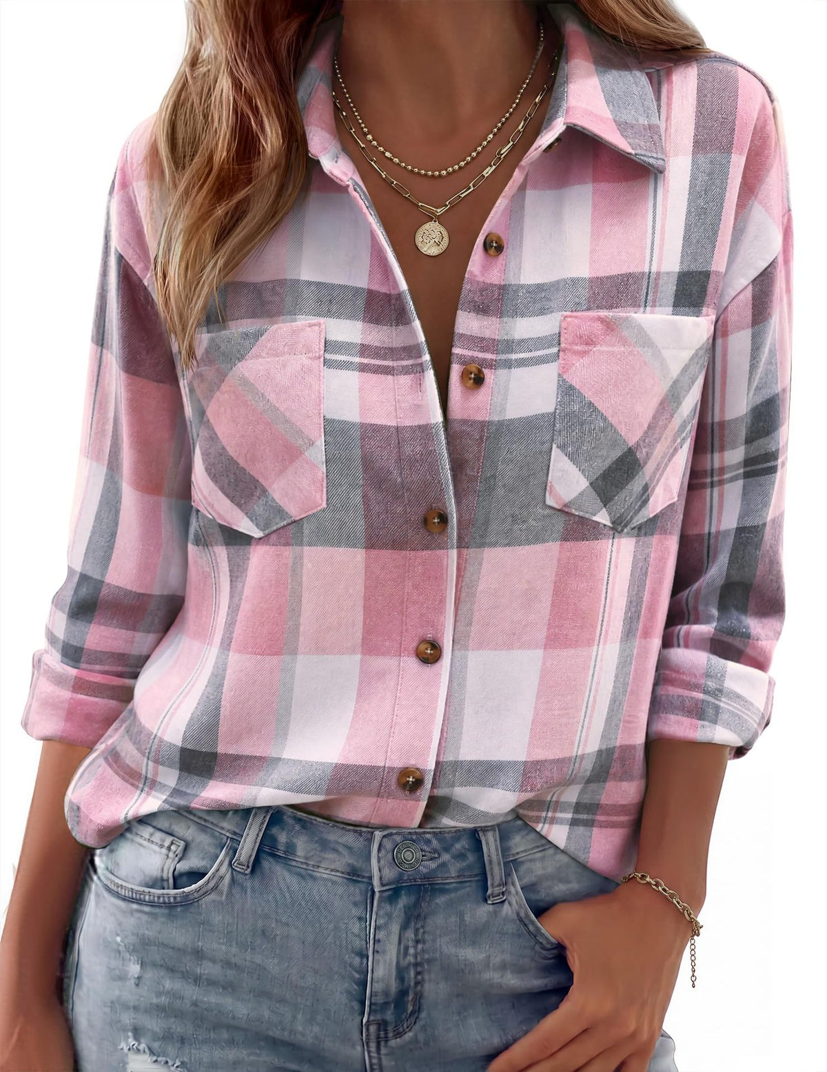 Loose-fit plaid button-up shirt in pink and gray checks with chest pockets