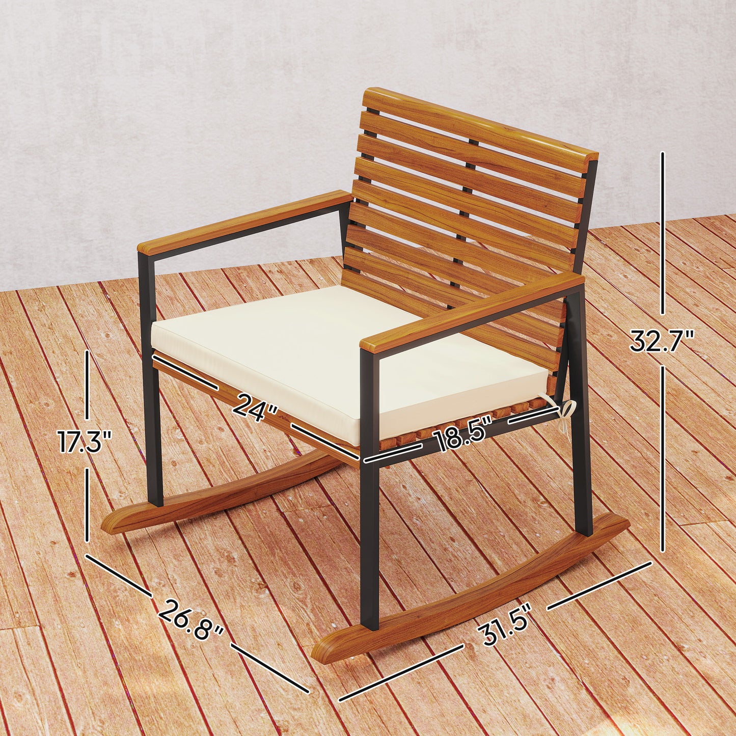 Acacia wood outdoor rocking chair with cream seat cushion and black armrests