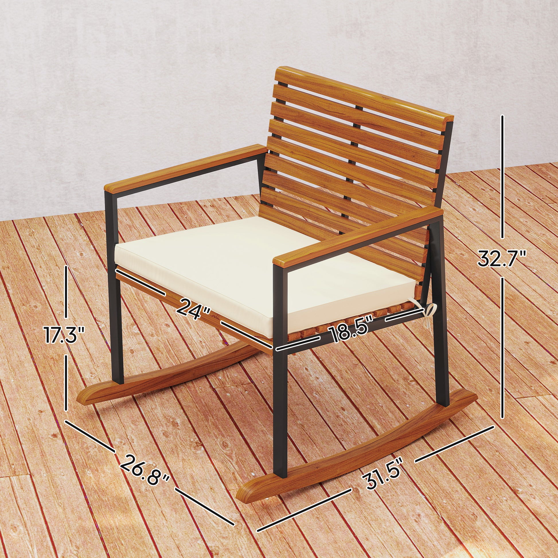 Acacia wood outdoor rocking chair with cream seat cushion and black armrests