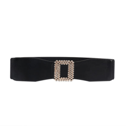 Elastic Female Black Rhinestone Square Buckle Elastic Waistband