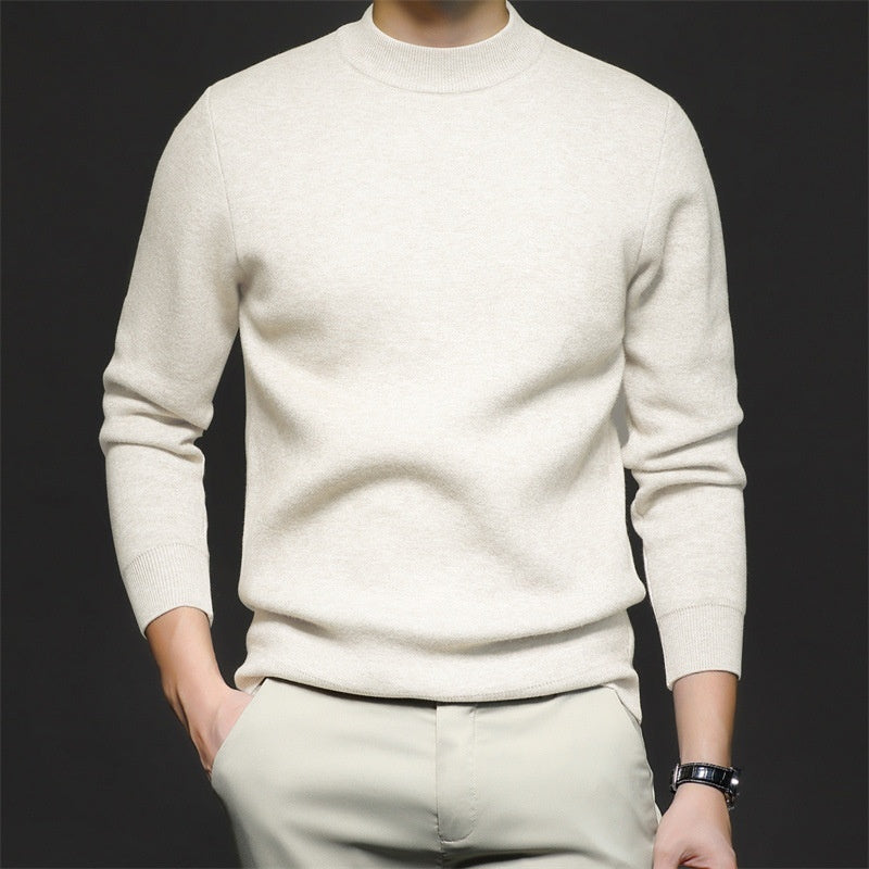 Men's worsted knit sweater, crew neck, long sleeves, off-white