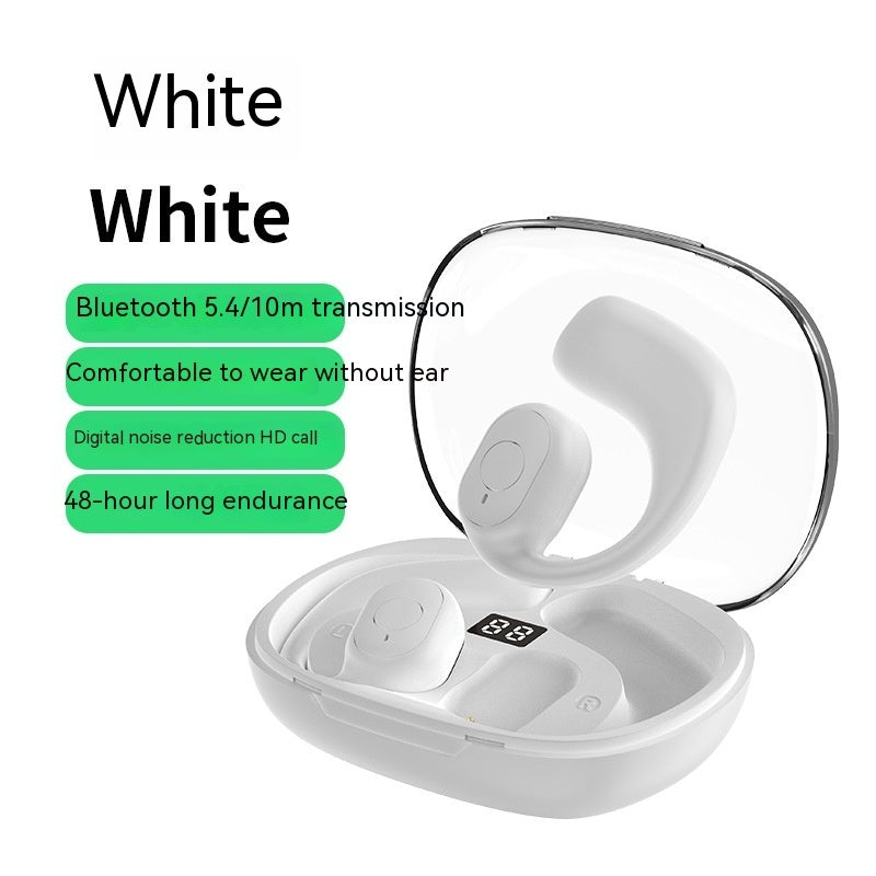 White bone conduction headset with earbuds in open charging case, digital display