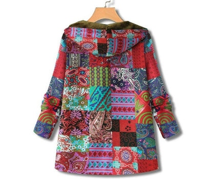 Autumn And Winter New Women's Vintage Warm Printing Pocket Thickened Zipper Hoodie