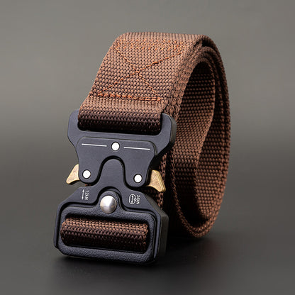 Men's Outdoor Nylon Elastic Buckle Belt Work Clothes Belt in brown with secure buckle and durable design.