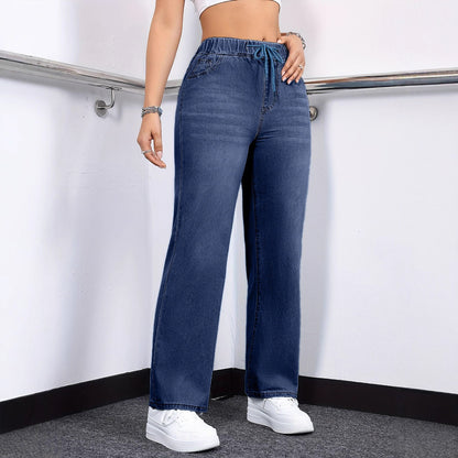 Oversized Drawstring Jeans | Elastic Waistband Casual Blue Denim Oversized Jeans Drawstring Elastic Waist | Ectron Online