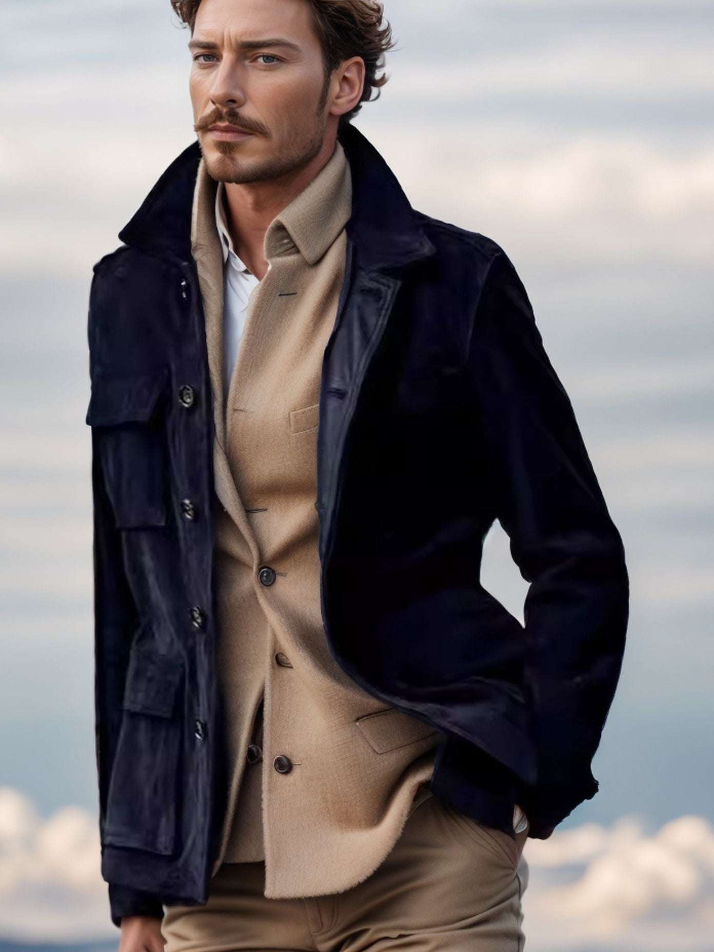 Regular Men's Cowhide Casual Coat And Trench Coat Multi-pocket