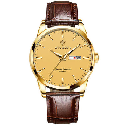 Gold-tone quartz wristwatch with brown leather strap and sun/date display