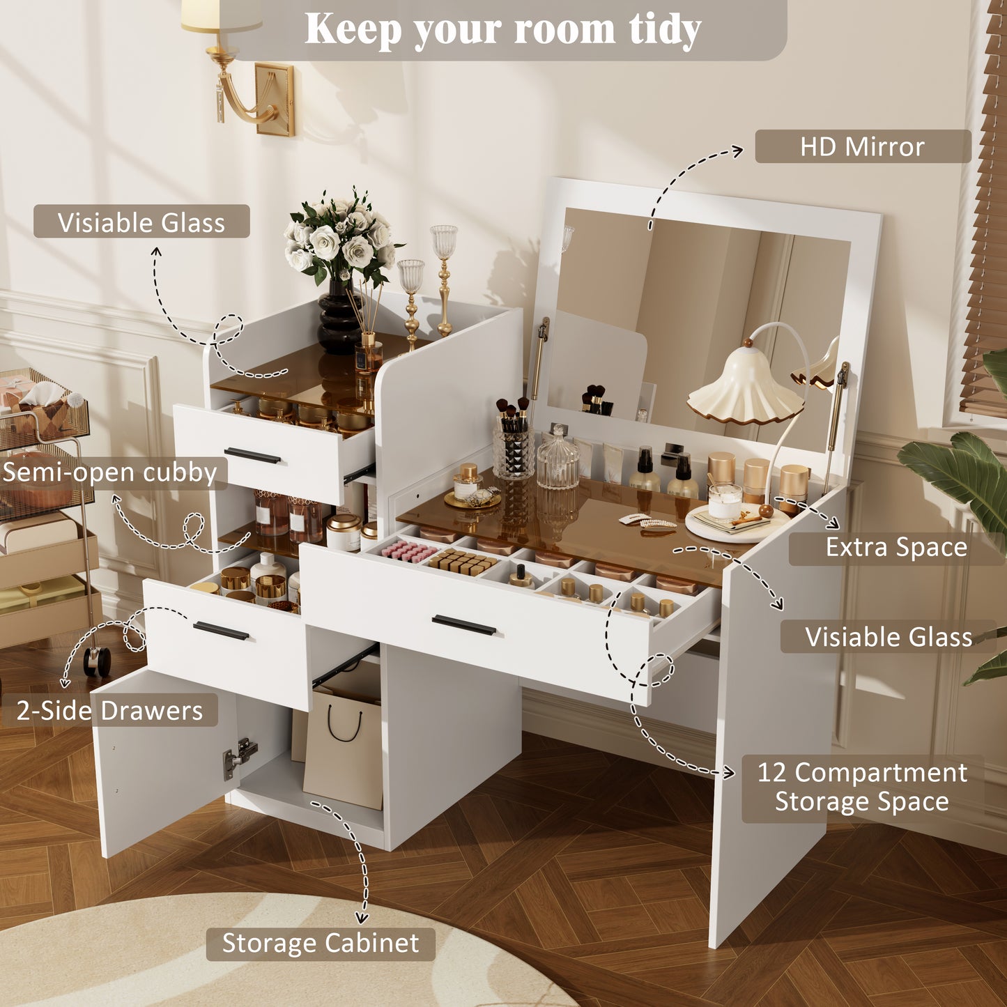 3-in-1 White Vanity Desk with Flip Top Mirror and Glass Tabletop