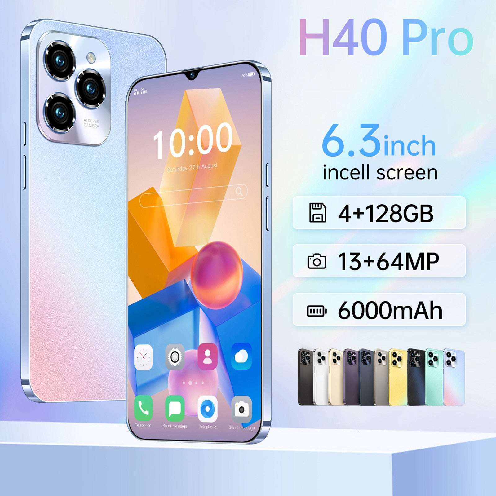 Unlocked smartphone with light blue back, dual rear cameras, 6.3-inch touchscreen.