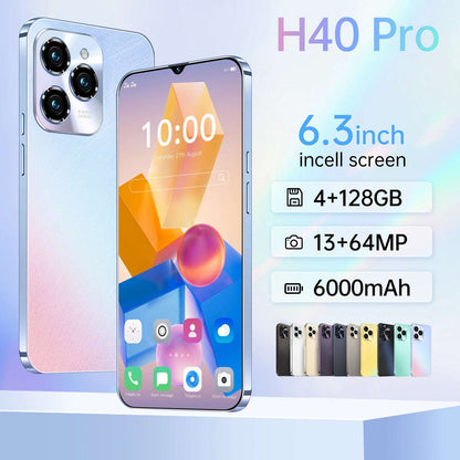 Unlocked smartphone with light blue back, dual rear cameras, 6.3-inch touchscreen.