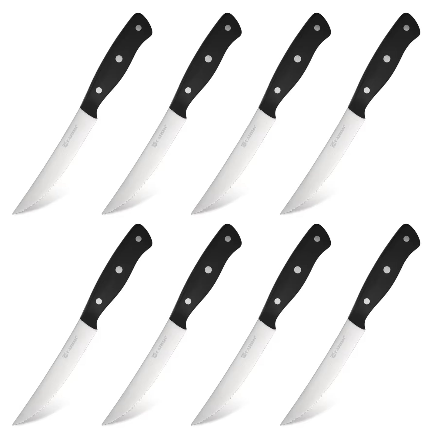 8-piece steak knife set with serrated stainless blades and black dotted handle panels
