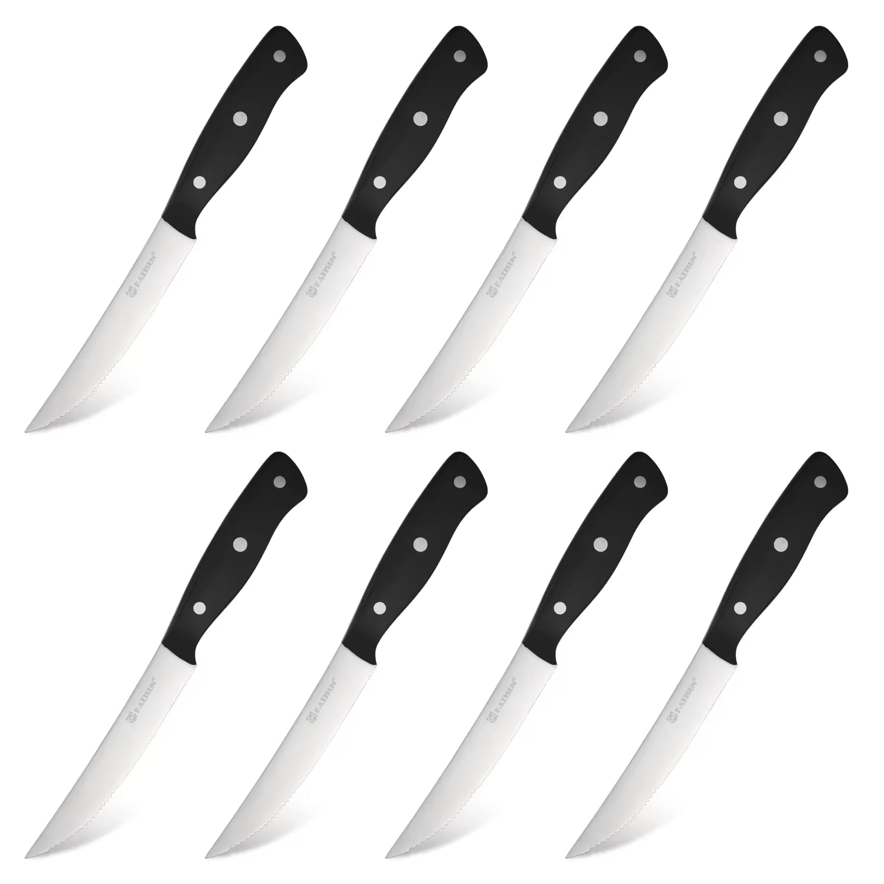 8-piece steak knife set with serrated stainless blades and black dotted handle panels