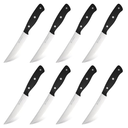 8-piece steak knife set with serrated stainless blades and black dotted handle panels