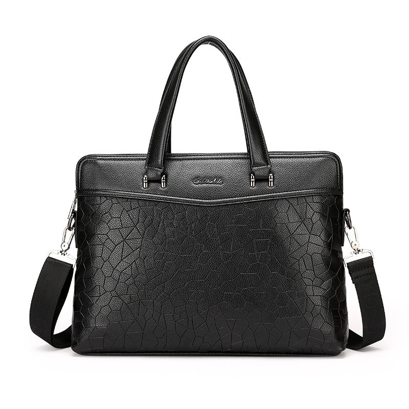 Black leather briefcase with stone pattern, top handles and shoulder strap on both sides