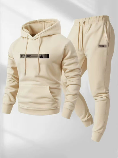 Men's loose-fit hoodie and pants set, beige hoodie with drawstring hood and front pocket, beige joggers