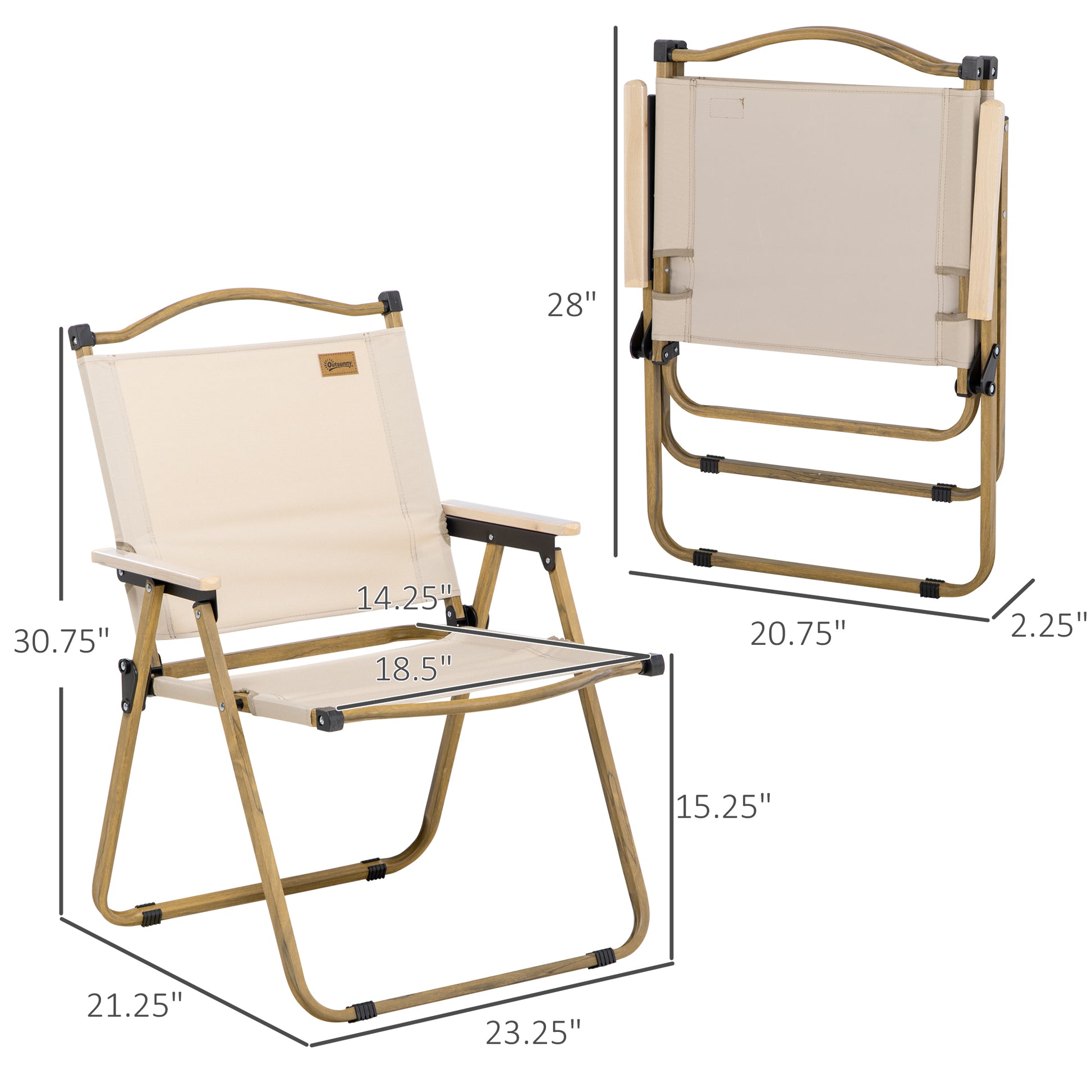 Khaki folding camping chair with dimensions shown; padded seat and back
