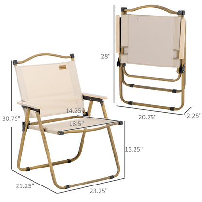 Khaki folding camping chair with dimensions shown; padded seat and back