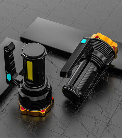 Black rechargeable flashlight with orange accents, front COB ring, and button controls