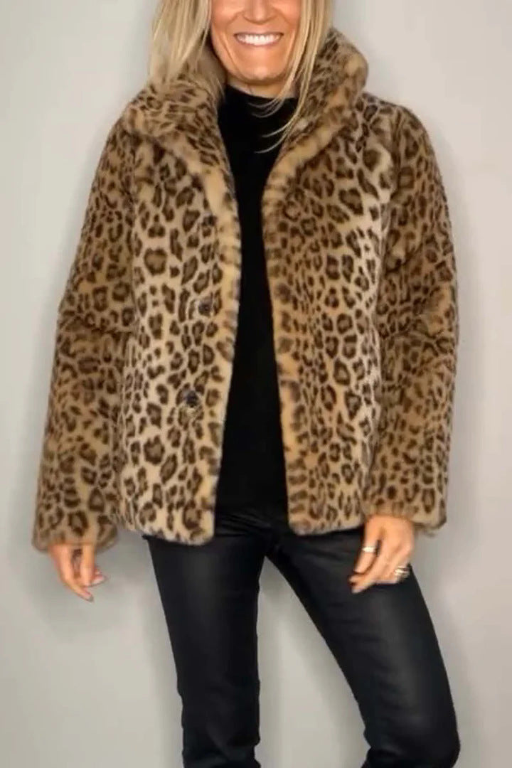 Women's Leopard Print Faux Leather Jacket | Woolen Lapel Winter Top