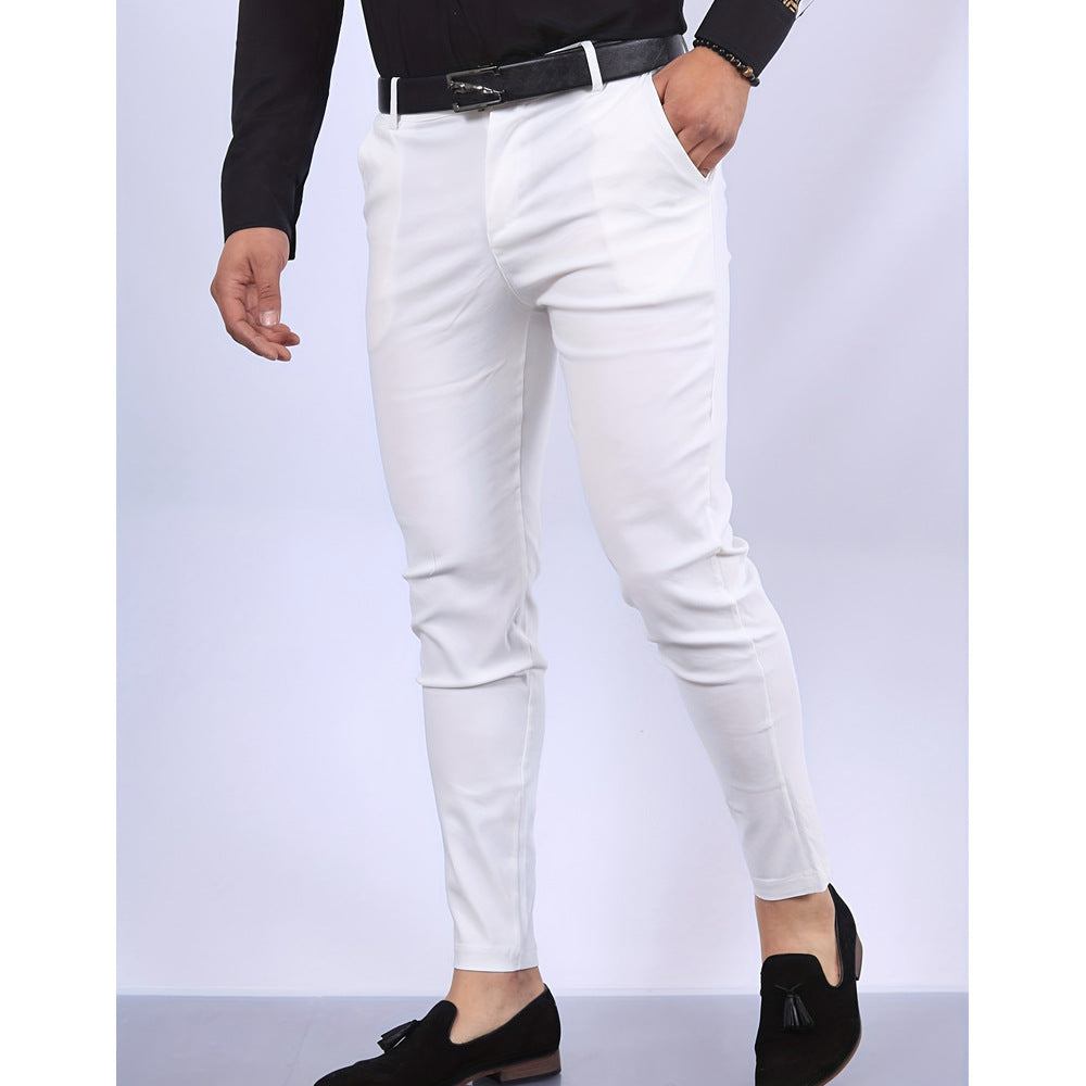 Men's solid faux-pocket chinos, white, slim ankle-length pants with belt loops