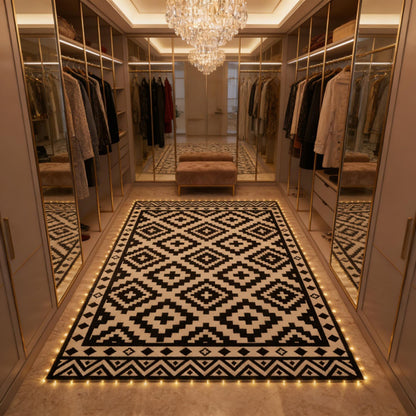 Large geometric area rug with black-and-white zigzag and diamond motif