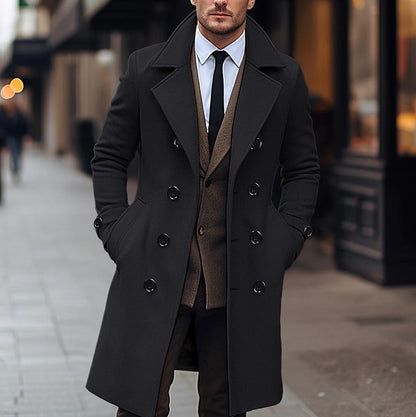 Men's long double-breasted wool coat, black, buttoned front and wide lapels