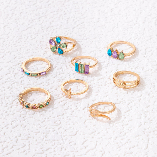 Colorful Crystals Flower Geometric Snake Shaped Scallop Eight-piece Set Ring