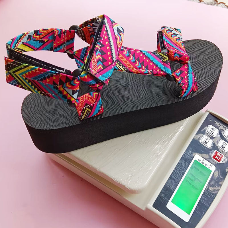 Women’s Printed Velcro Sandals – Ethnic Style & Thick Flats Printed Velcro-design Sandals Summer Eth | Ectron Online