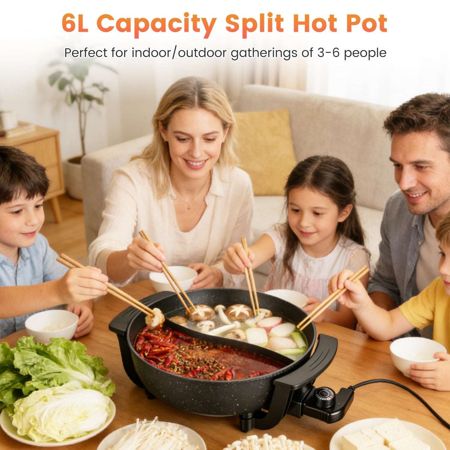 Black 6L electric hot pot with divider, heating base and temperature controller.