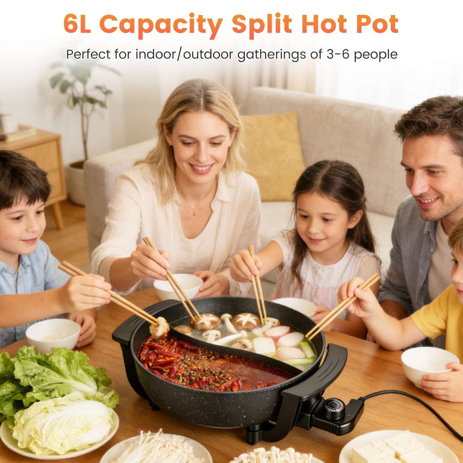 Black 6L electric hot pot with divider, heating base and temperature controller.