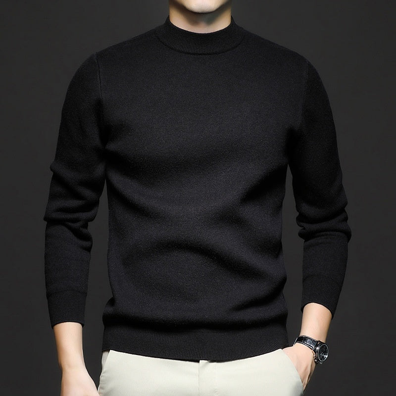 Men's worsted sweater, crew-neck knit with long sleeves, black.