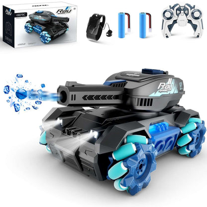 RC stunt tank toy car set with box; black/gray body and blue 4WD wheels