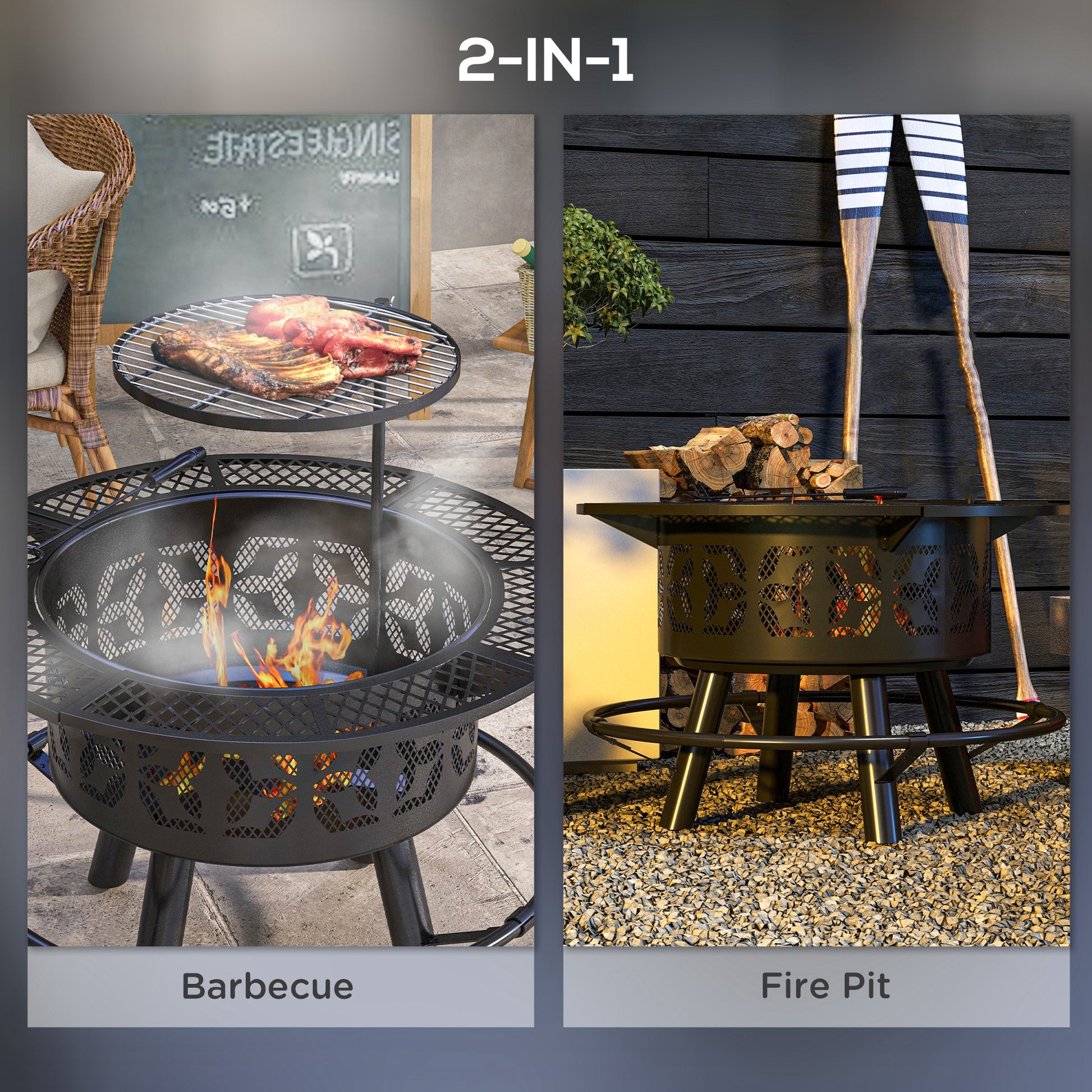 Two-position grill/fire pit showing wire rack top and central fire bowl