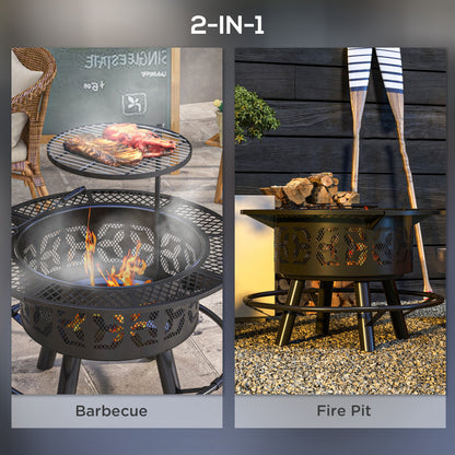 Two-position grill/fire pit showing wire rack top and central fire bowl