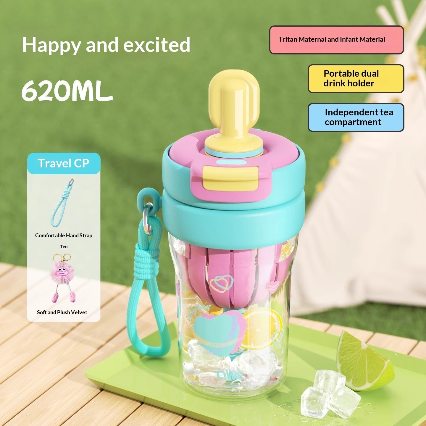 Kids portable drinking cup with straw, clear body, teal/pink lid, patterned sleeve, carry loop