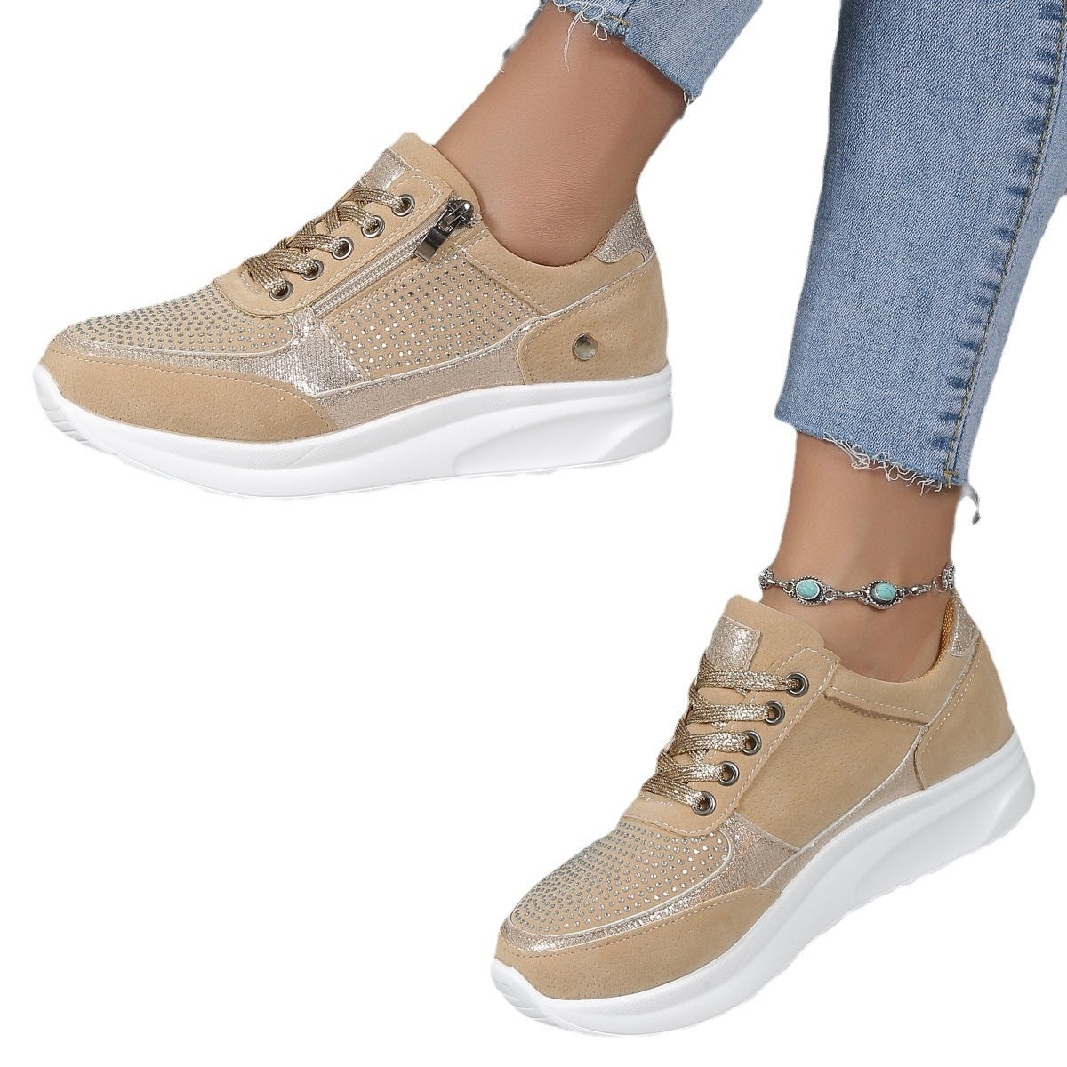 Flat Round Toe Rhinestone Pumps Women's Sports Casual Shoes