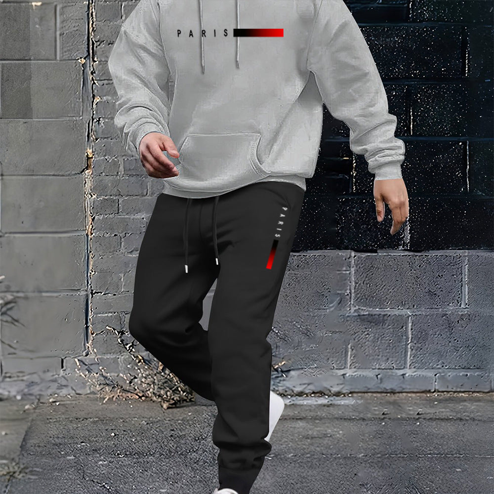 Men's loose-fit hoodie and pants set, white hoodie with hood drawstrings and front pocket, black joggers